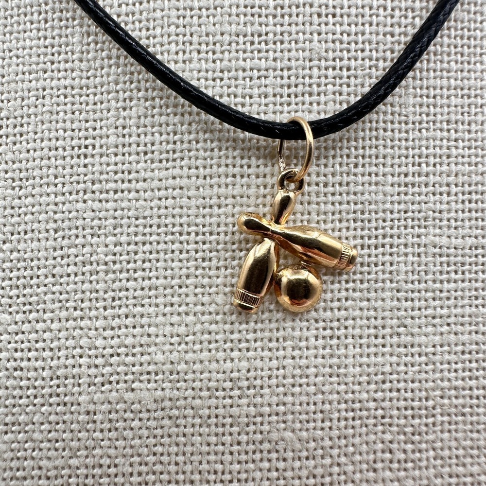 Vintage 90s Gold Tone Bowling Charm Pins Ball Necklace Sports Black Cord Jewelry